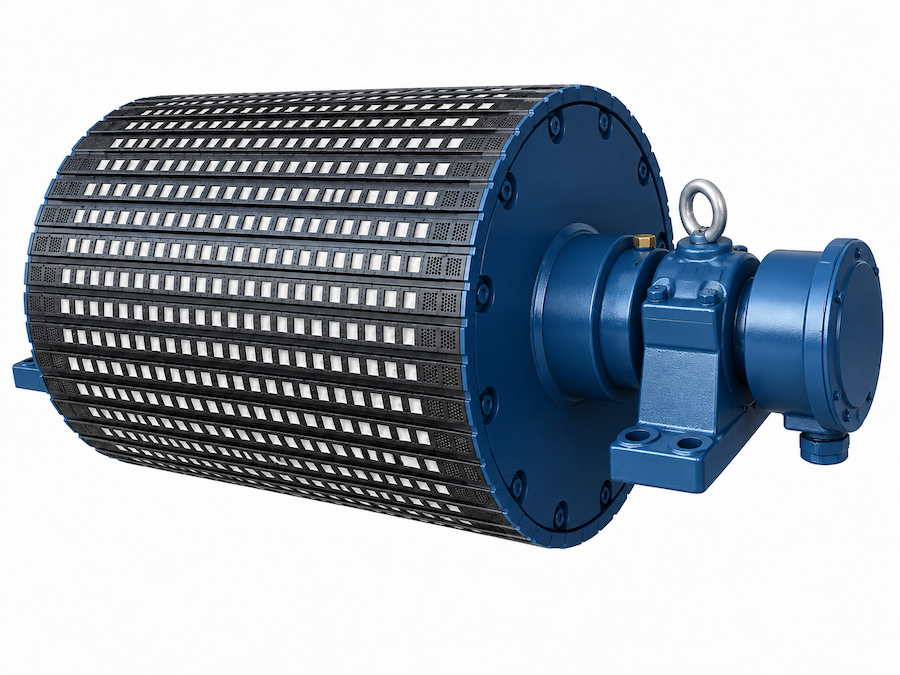 Heavy-duty motorised pulley for mining and quarrying conveyor applications